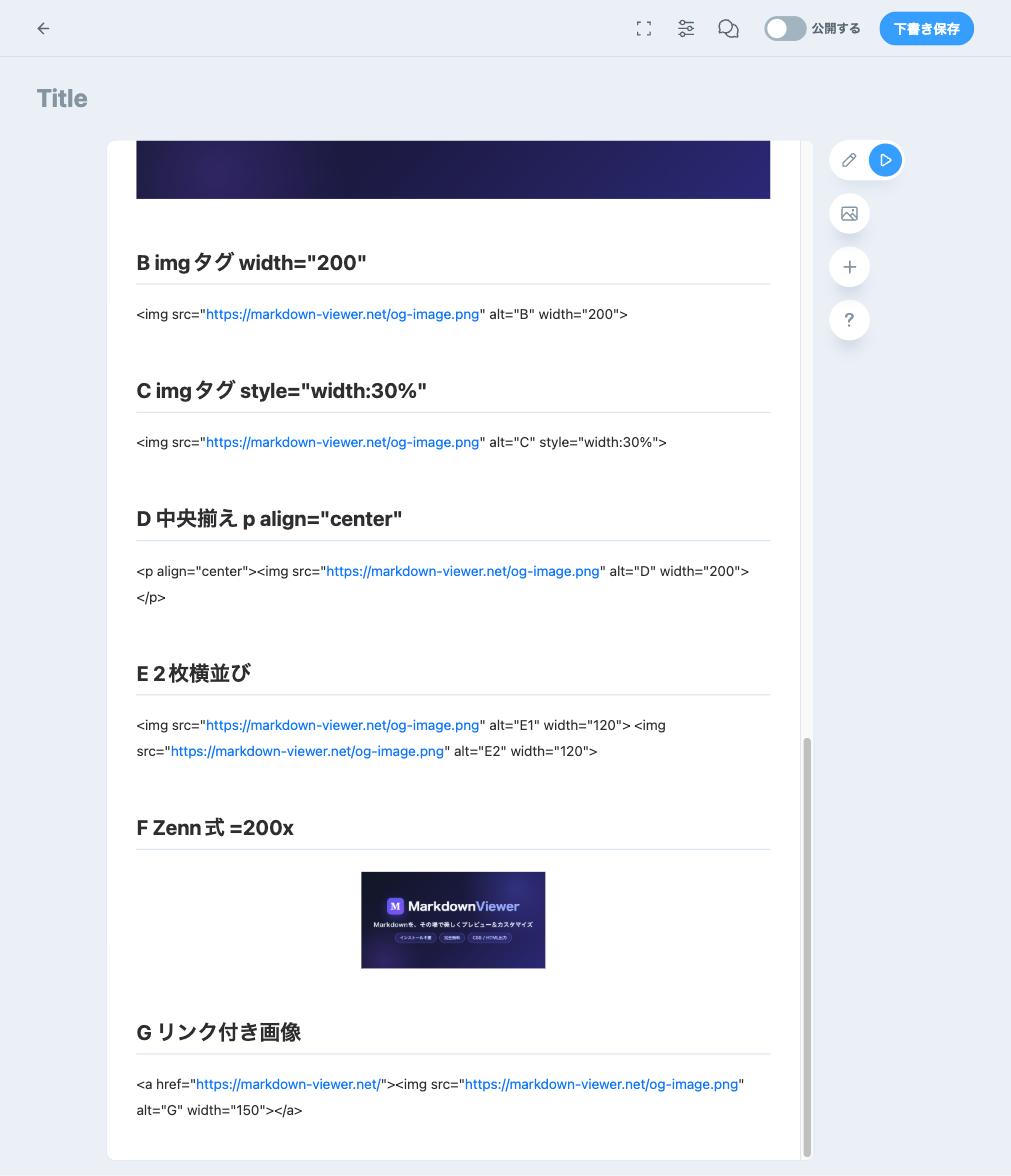 Zennのプレビュー。imgタグは文字のまま表示され、=200xの画像だけが表示されている